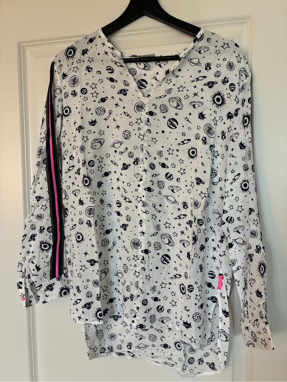 Marc O’Polo - White Space-Print Women's Button-Front Top with Pink-Trim Sleeve